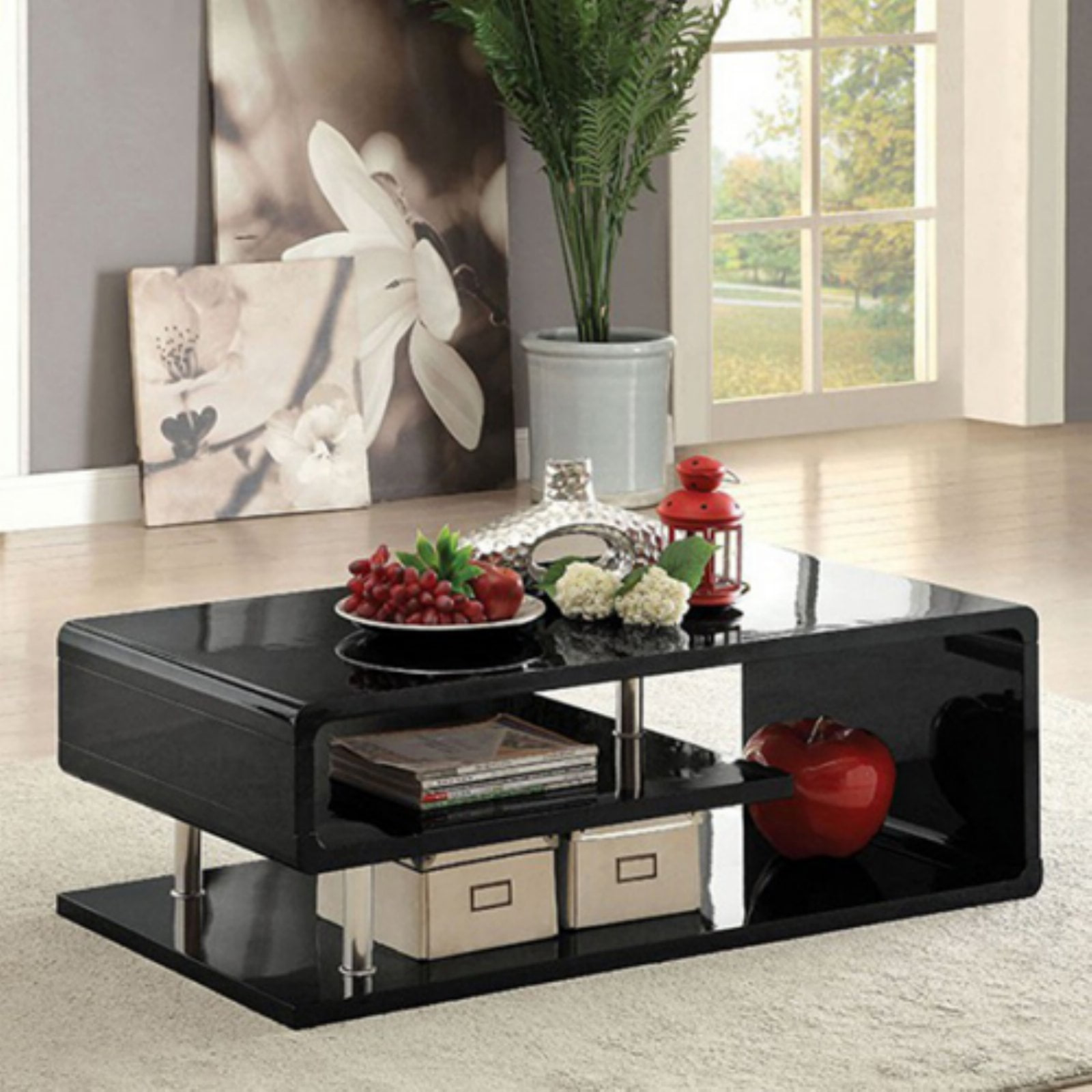 Benzara Wooden Coffee Table with Curling Shelf and Metal Poles, Black
