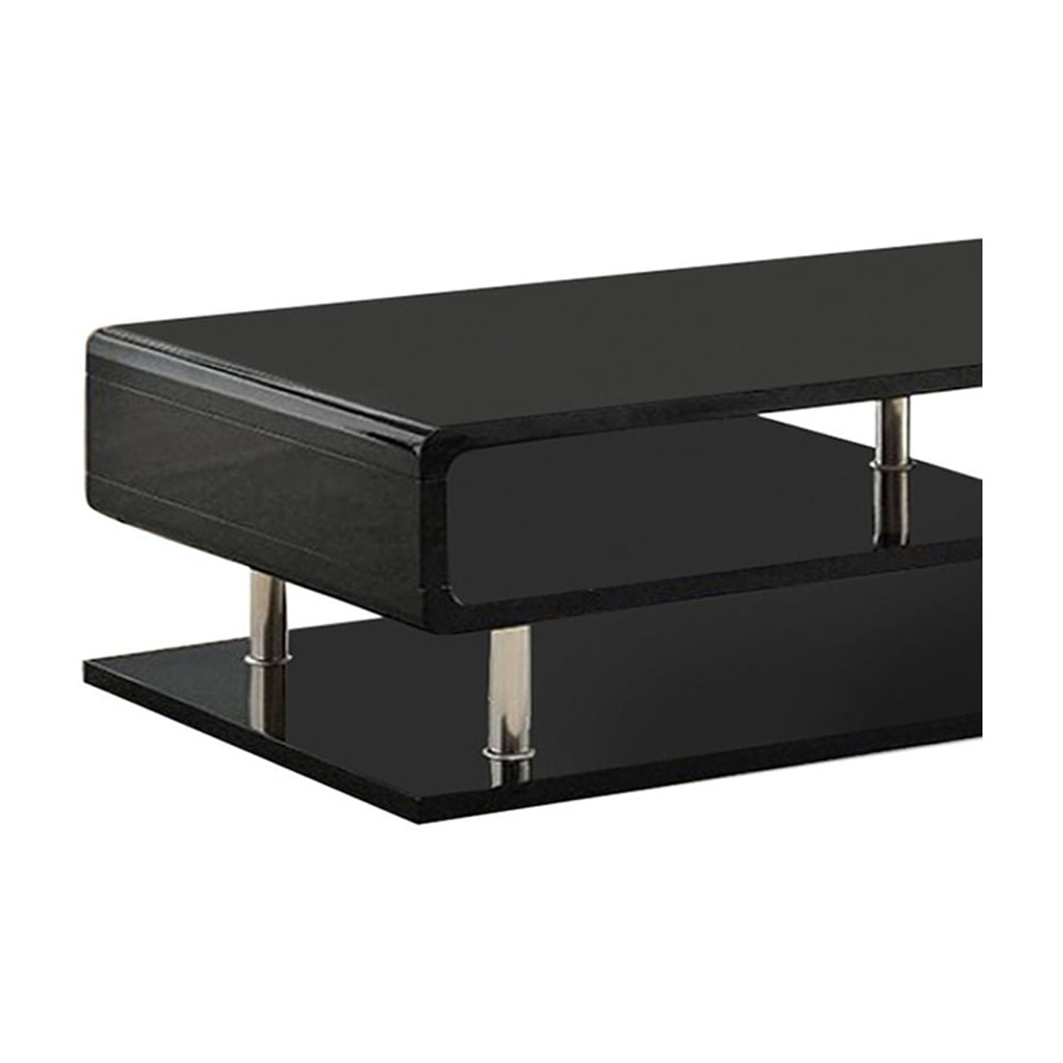 Benzara Wooden Coffee Table with Curling Shelf and Metal Poles, Black