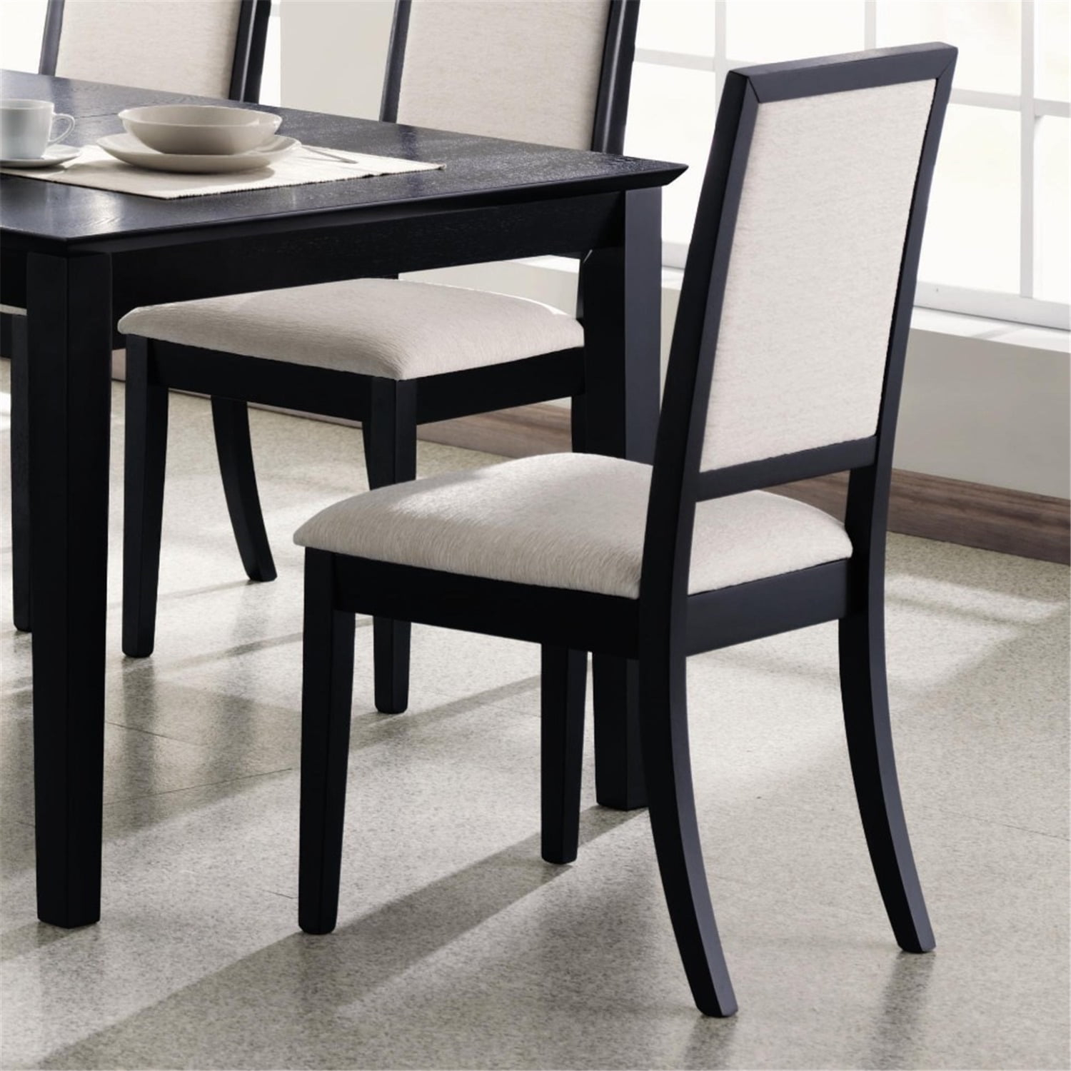 Benzara Wooden Dining Side Chair With Cream Upholstered seat And Back, Black, Set of 2