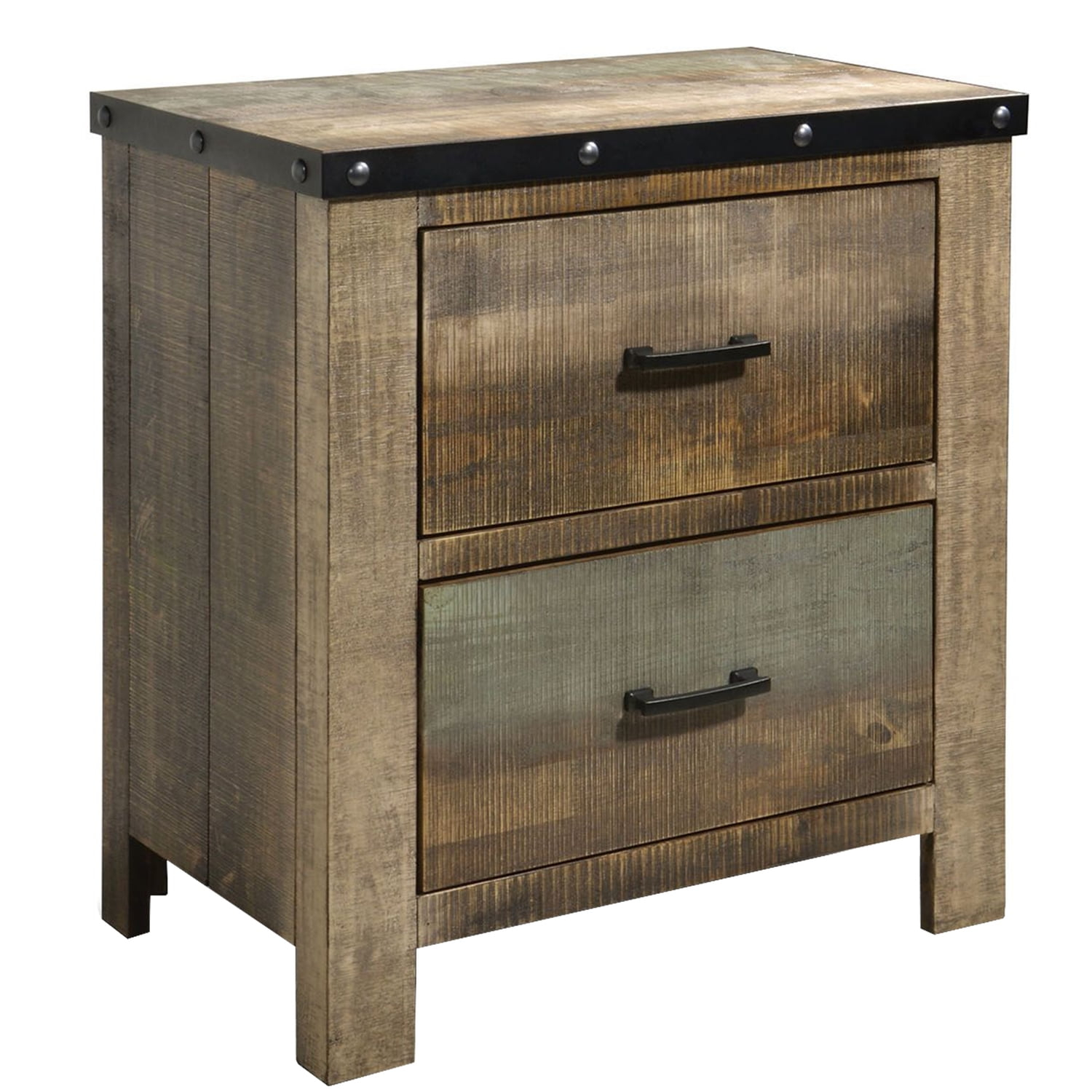 Benzara Wooden Nightstand with Rough Sawn Design & Rivet Banding, Brown