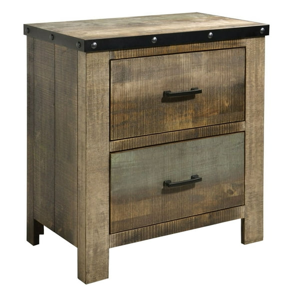 Benzara Wooden Nightstand with Rough Sawn Design & Rivet Banding, Brown