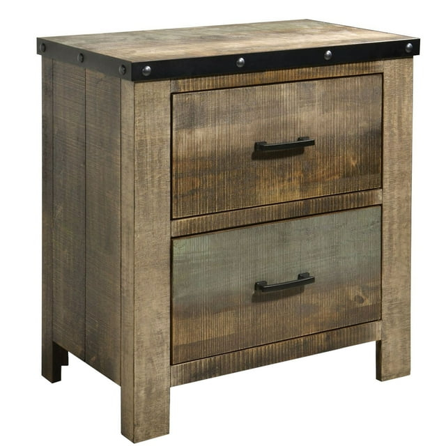 Benzara Wooden Nightstand with Rough Sawn Design & Rivet Banding, Brown
