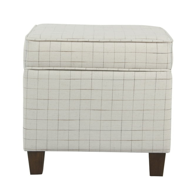 Benzara Wooden Square Ottoman with Grid Patterned Fabric Upholstery and Hidden Storage, Beige and Brown