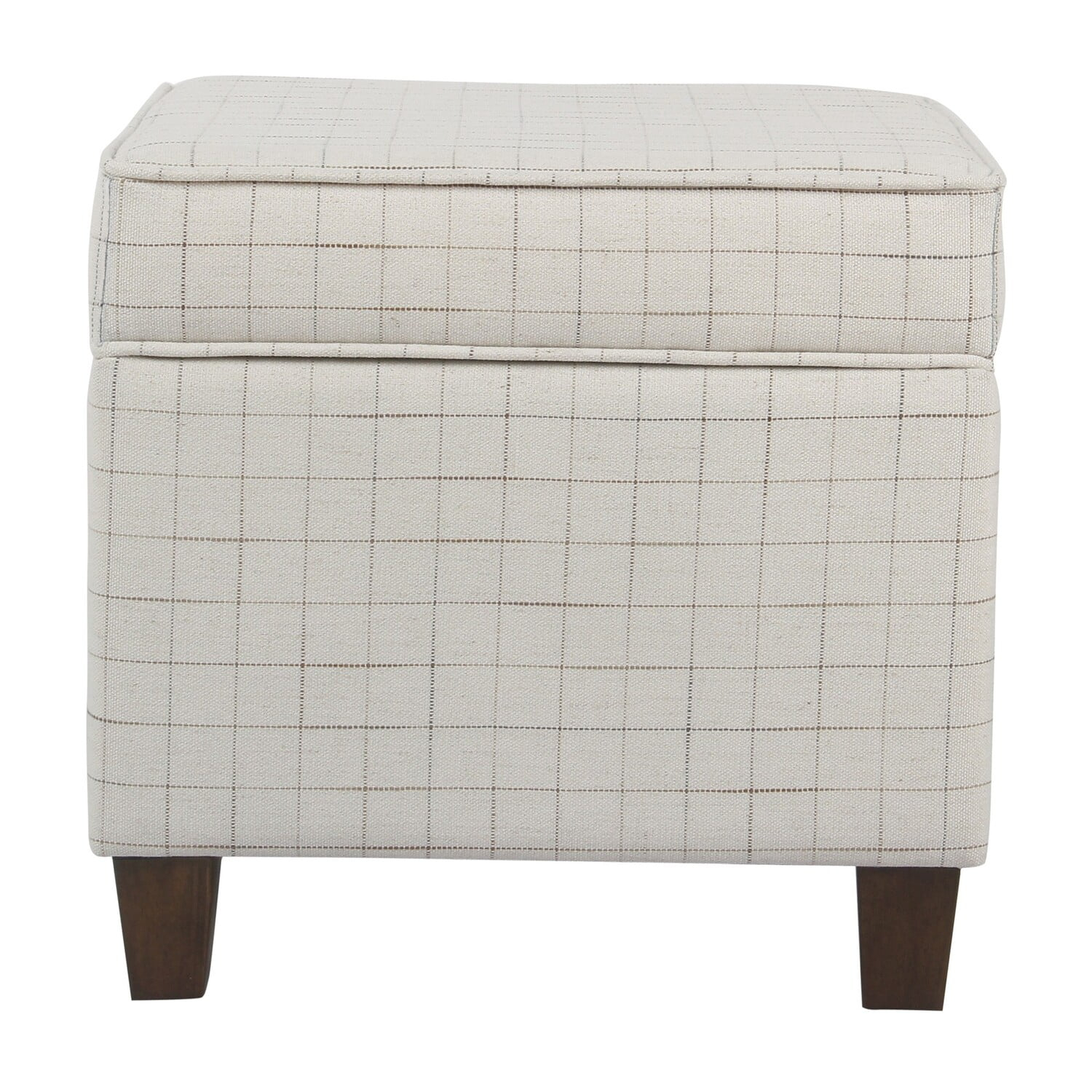 Benzara Wooden Square Ottoman with Grid Patterned Fabric Upholstery and Hidden Storage, Beige and Brown