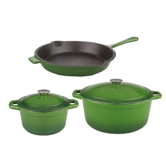 BergHOFF Neo 5Pc Cast Iron Set, 3Qt Covered Dutch Oven, 5Qt Covered Stock Pot, & 10" Fry Pan, Green