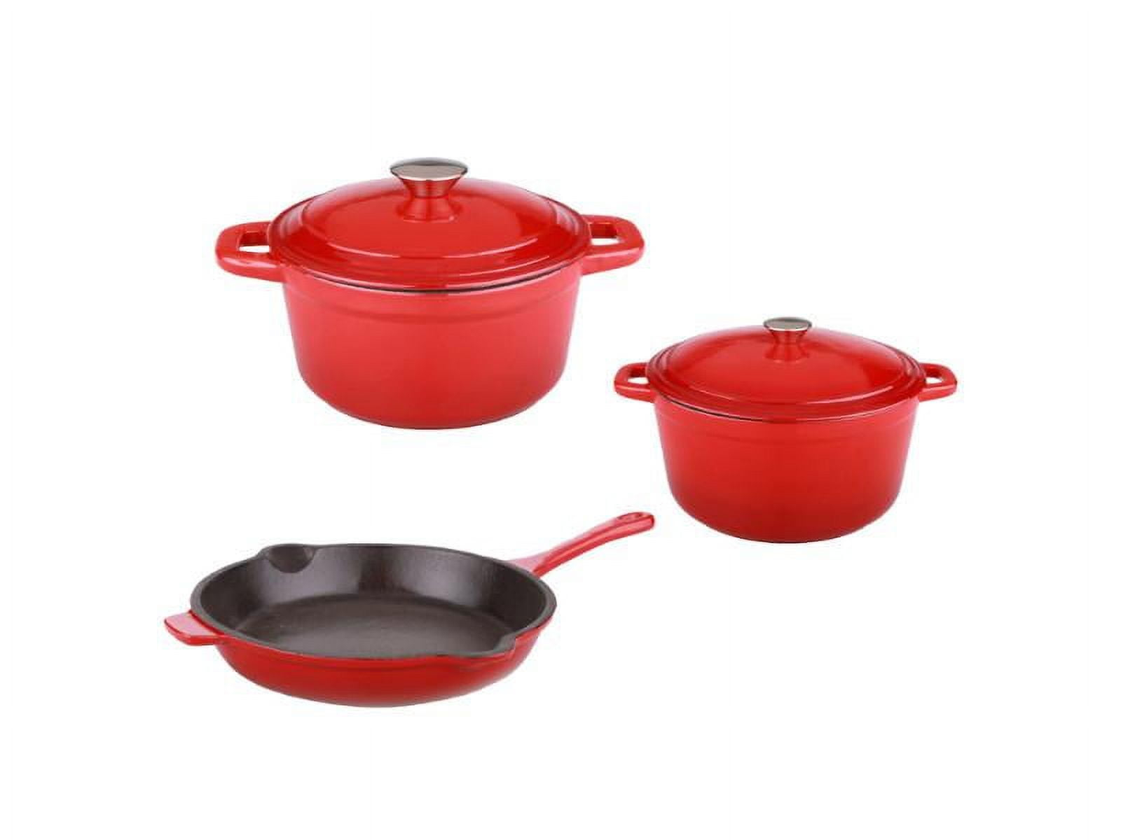BergHOFF Neo 5Pc Cast Iron Set, 3Qt Covered Dutch Oven, 5Qt Covered Stock Pot, & 10" Fry Pan, Red