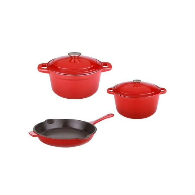 BergHOFF Neo 5Pc Cast Iron Set, 3Qt Covered Dutch Oven, 5Qt Covered Stock Pot, & 10" Fry Pan, Red