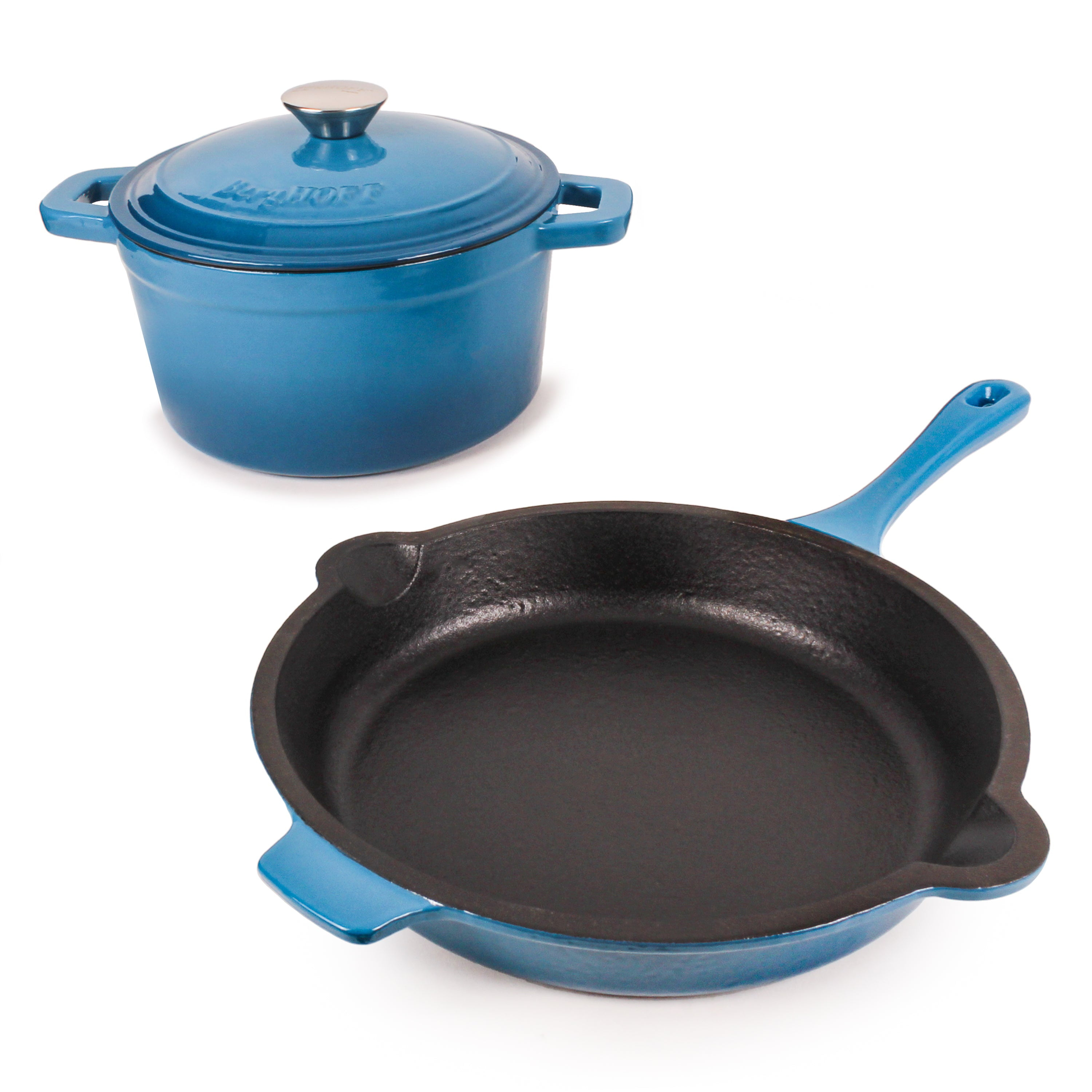 BergHOFF Neo Cast Iron 3Pc Cookware Set, 3Qt Covered Dutch Oven & 10" Fry Pan, Blue