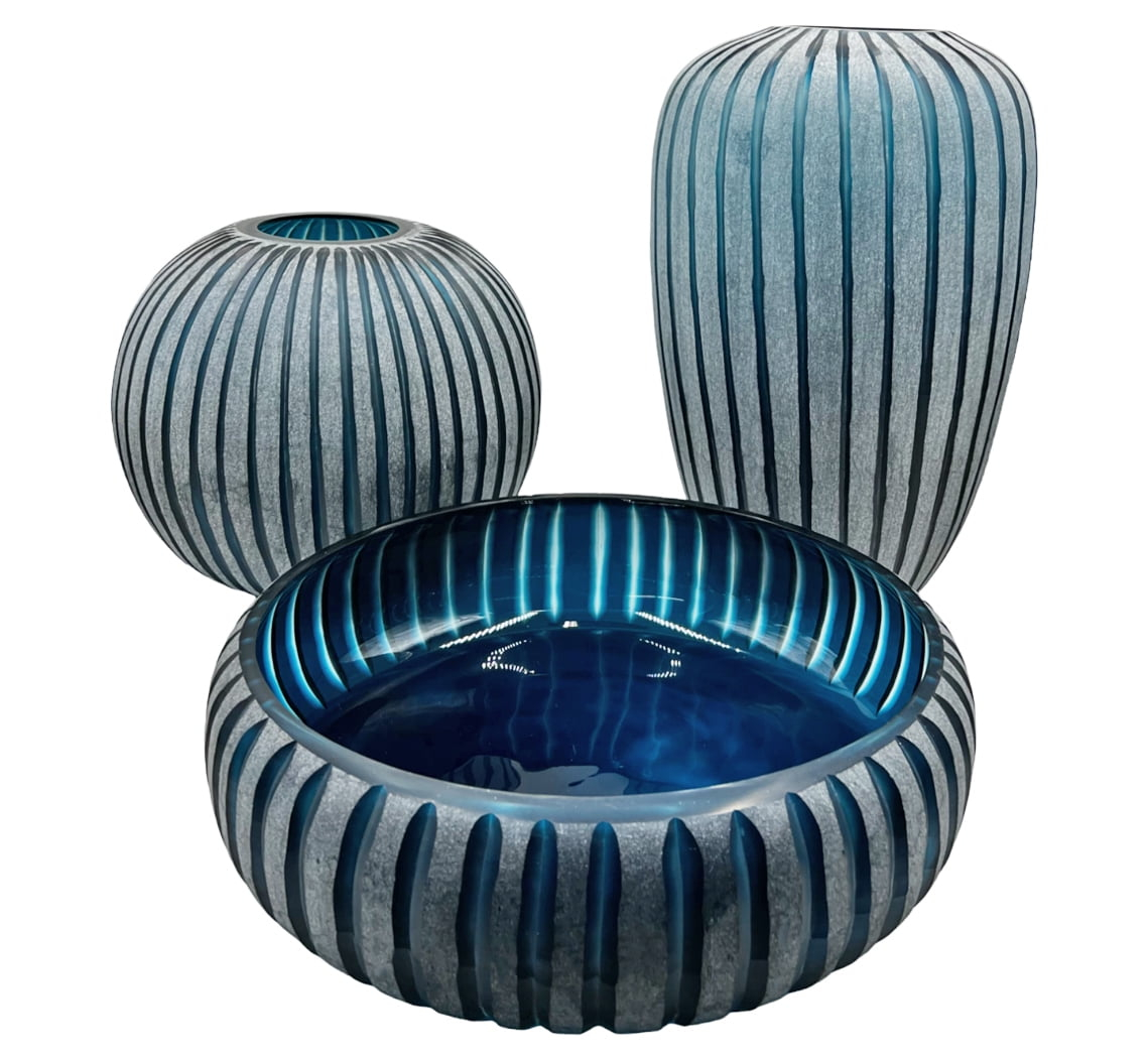 Bergamo Art Set of 3 Decorative Handmade Glass Azure Ribbons Vase in Blue