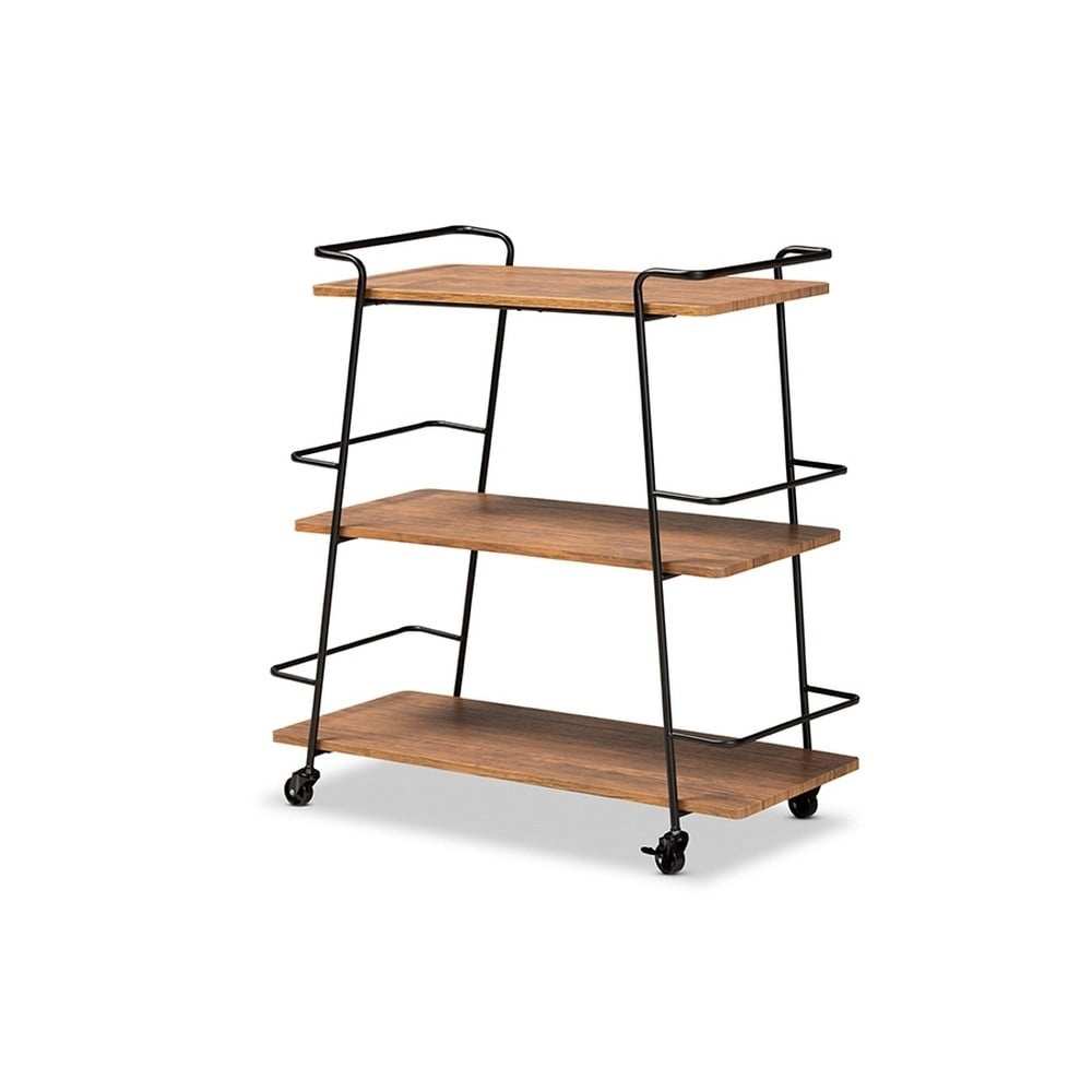 Bernard Rustic Industrial Black Metal and Walnut Finishe Wood 3-Tier Mobile Wine Bar Cart