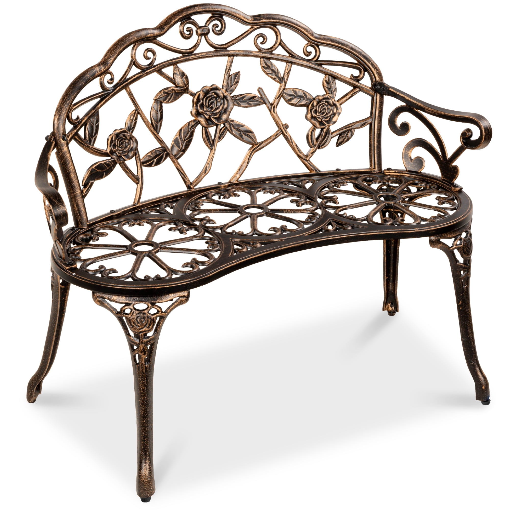 QSHIMY Patio Garden Bench Park Metal Rose Outdoor Benches, Aluminium Vintage Antique Furniture Chair Outside Benches Weather Proof Bench for Outdoor Porch, Lawn, Balcony, Backyard, Bronze