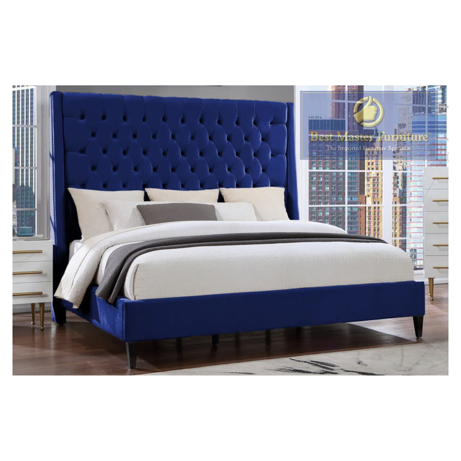 Best Master Bellanova Navy Blue Tufted Velvet Queen Platform Bed