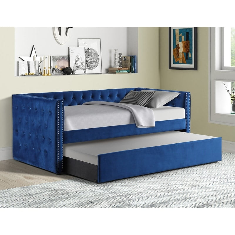 Best Master Furniture Nikora 86" Tufted Fabric Daybed with Trundle in Blue