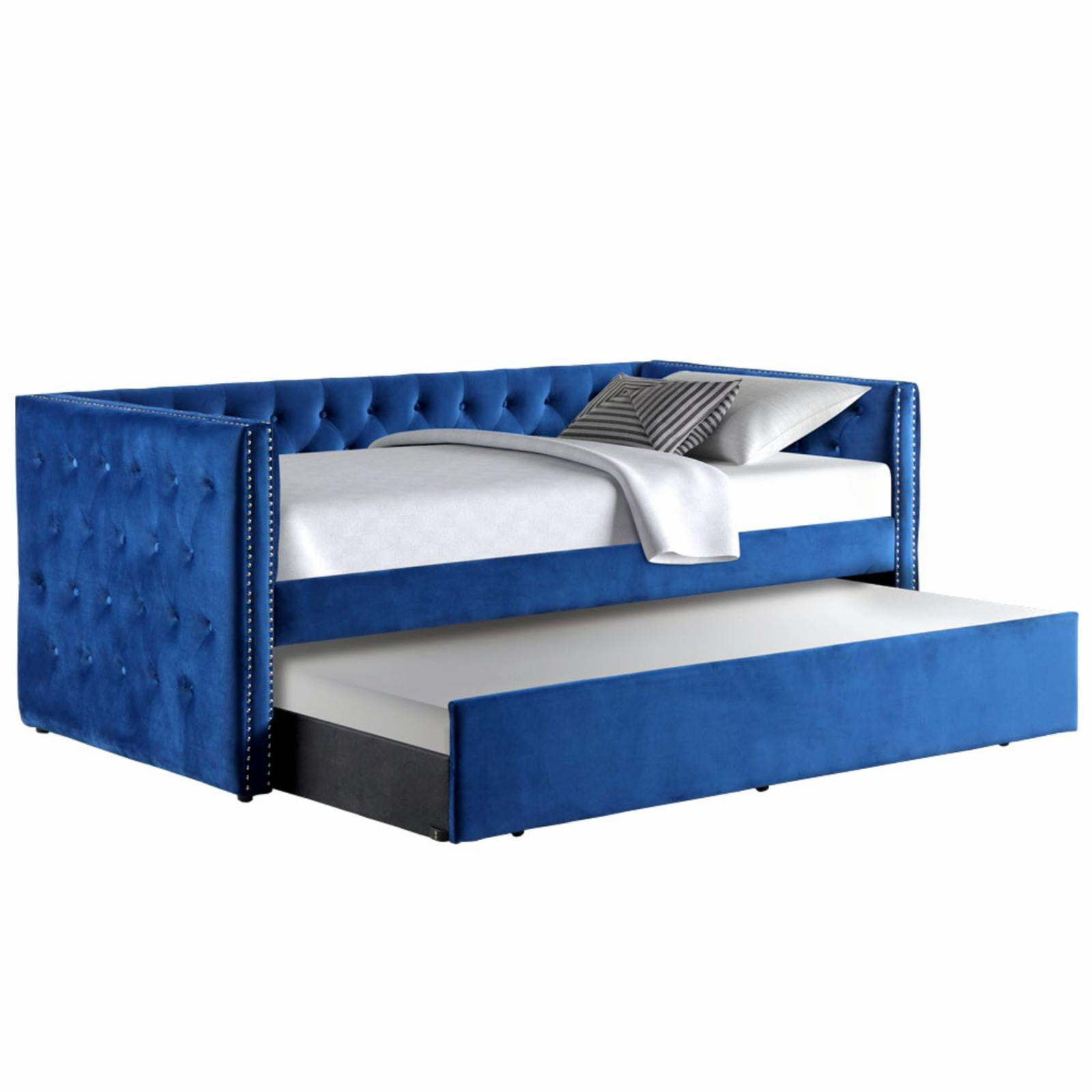 Best Master Furniture Nikora 86" Tufted Fabric Daybed with Trundle in Blue