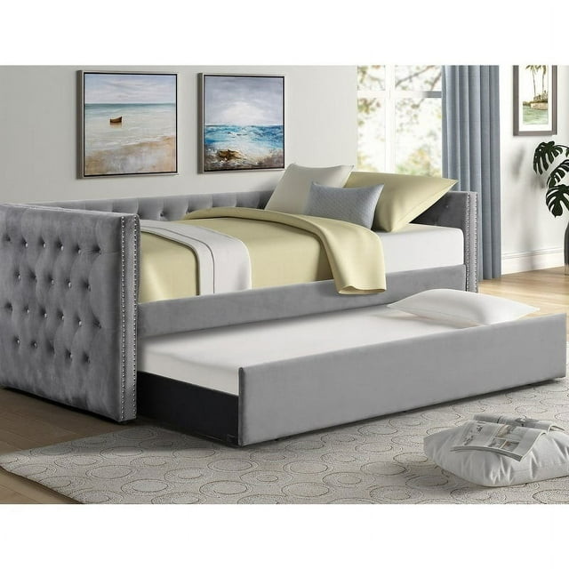 Best Master Furniture Nikora 86" Tufted Fabric Daybed with Trundle in Gray