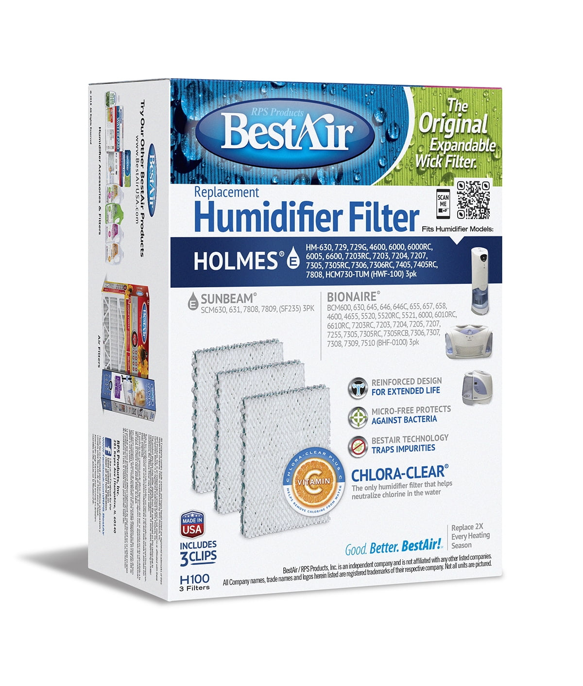 BestAir H100 Humidifier Replacement Wick Filter for Holmes models 5.8" x 7.8" x 3.4" (3 Filters)