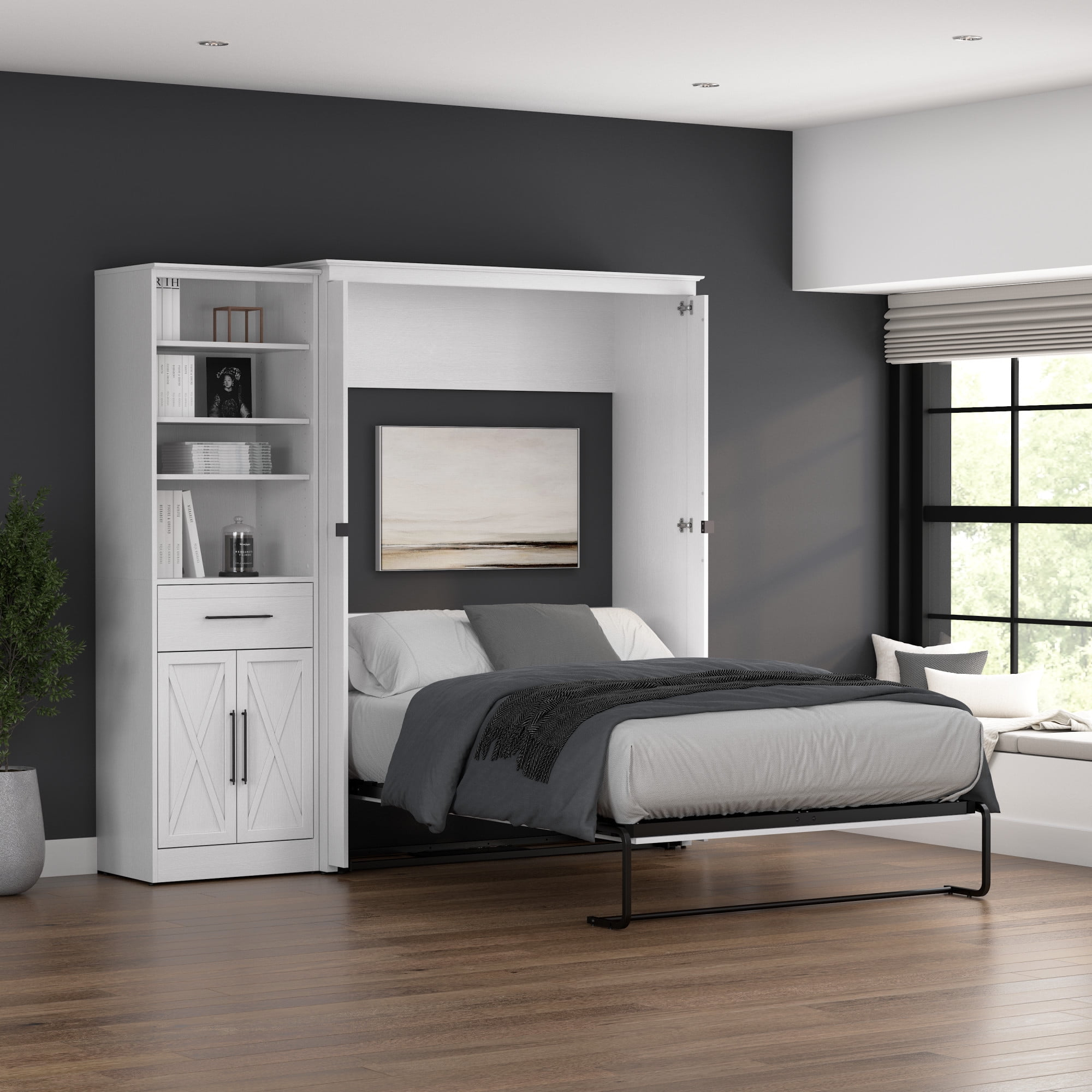 Bestar Key West Full Murphy Bed and Closet Organizer with Drawer and Doors (88W) in Pure White Oak
