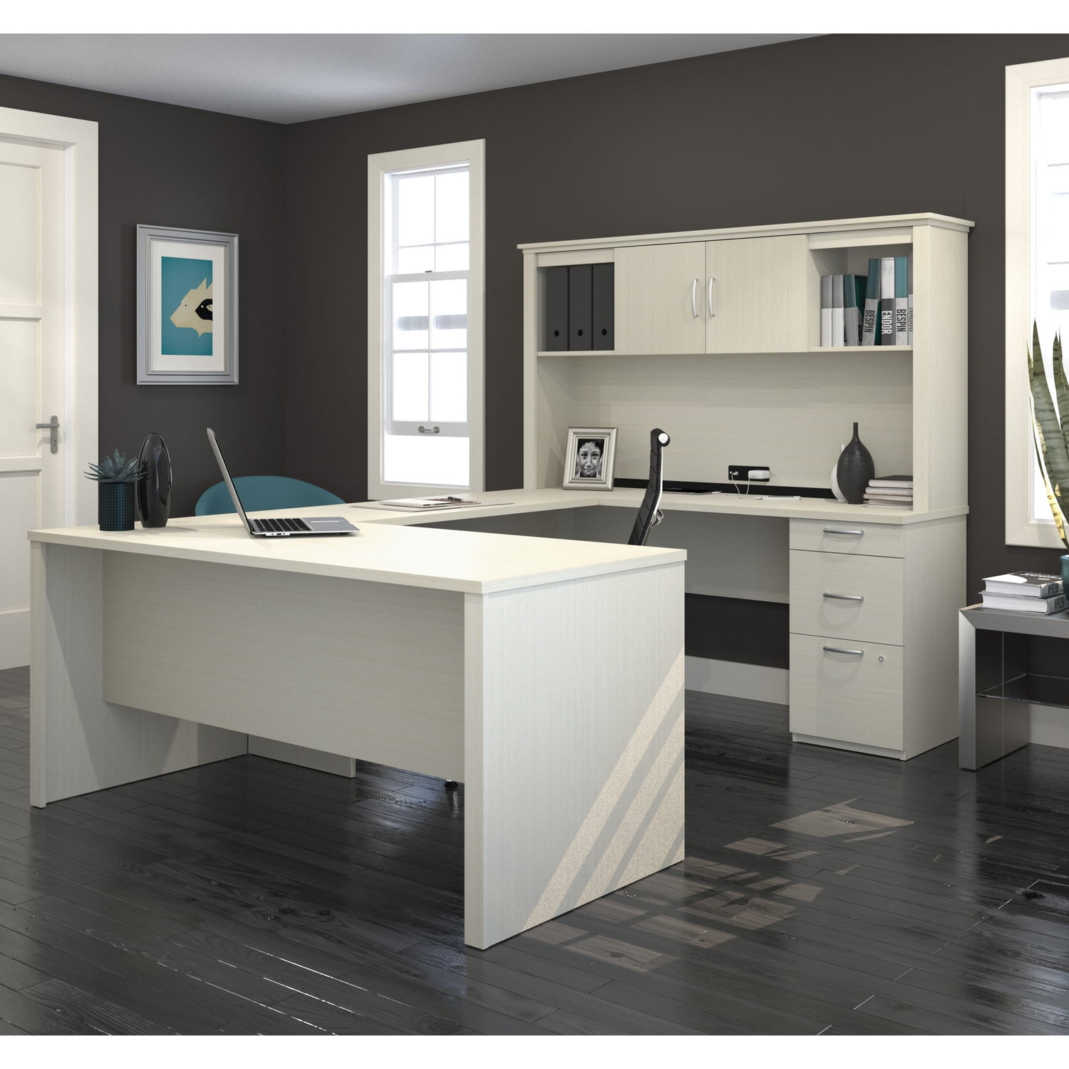 Bestar Logan Modern Wood U Shape Computer Desk with Hutch in White Chocolate