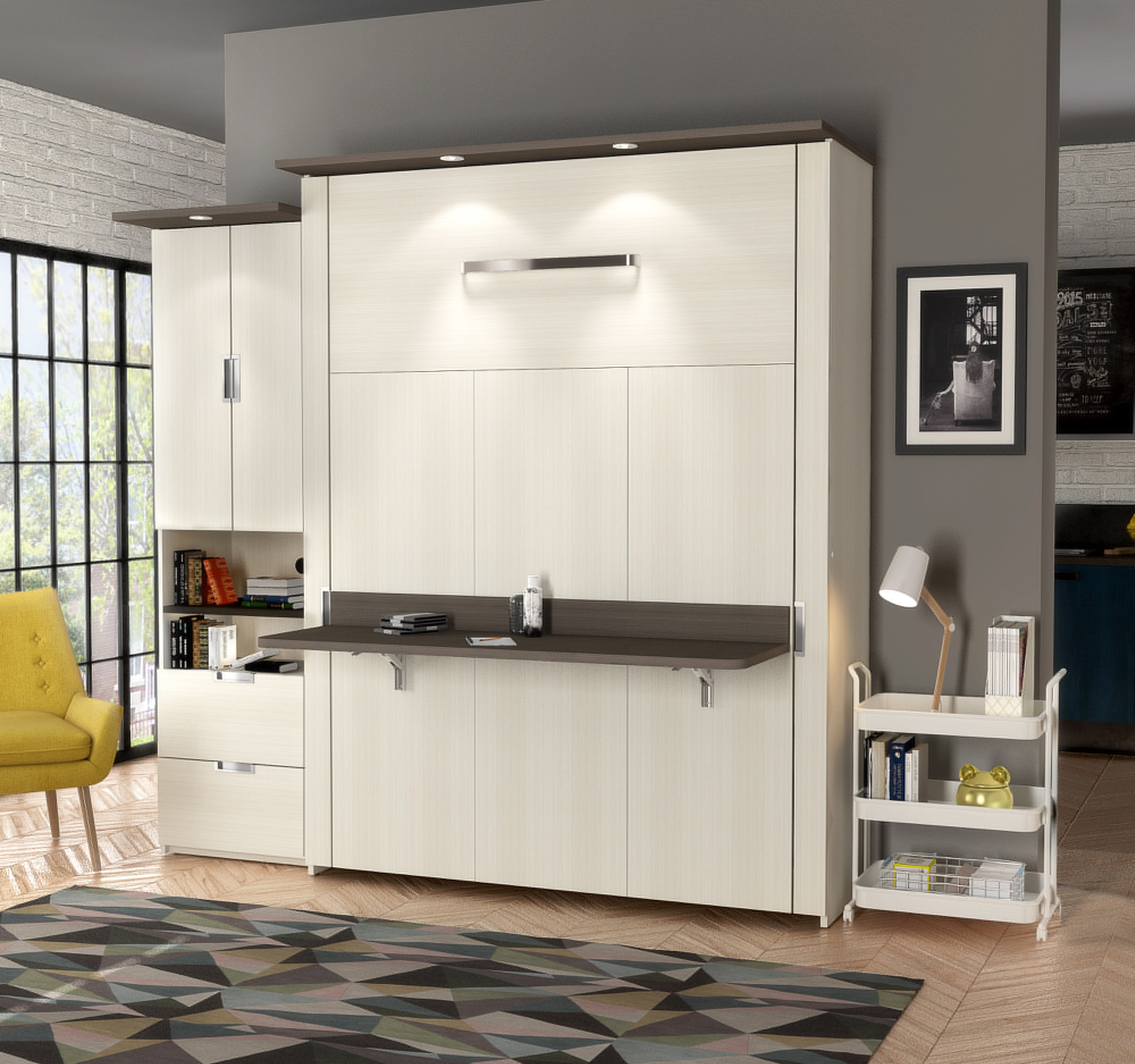 Bestar Lumina 2 Piece Queen Storage Wall Bed Set in White Chocolate