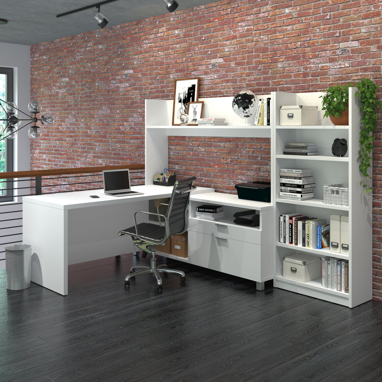 Bestar Pro-Linea L-Shaped Home Office Desk with Bookcase in White