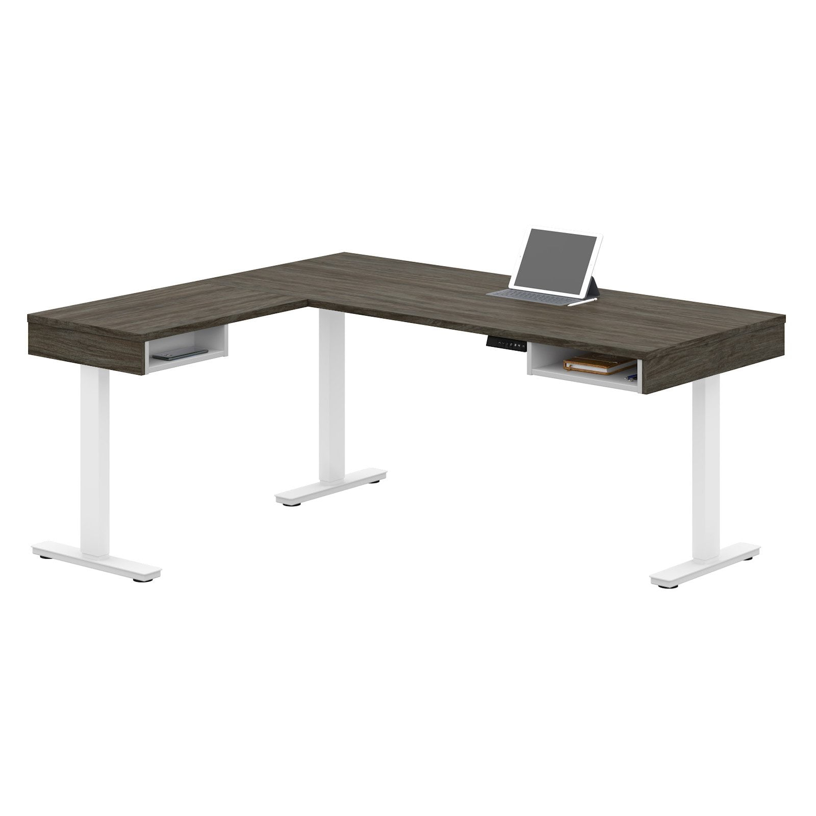Bestar Pro-Vega L Shaped Adjustable Standing Desk in Walnut Gray and White