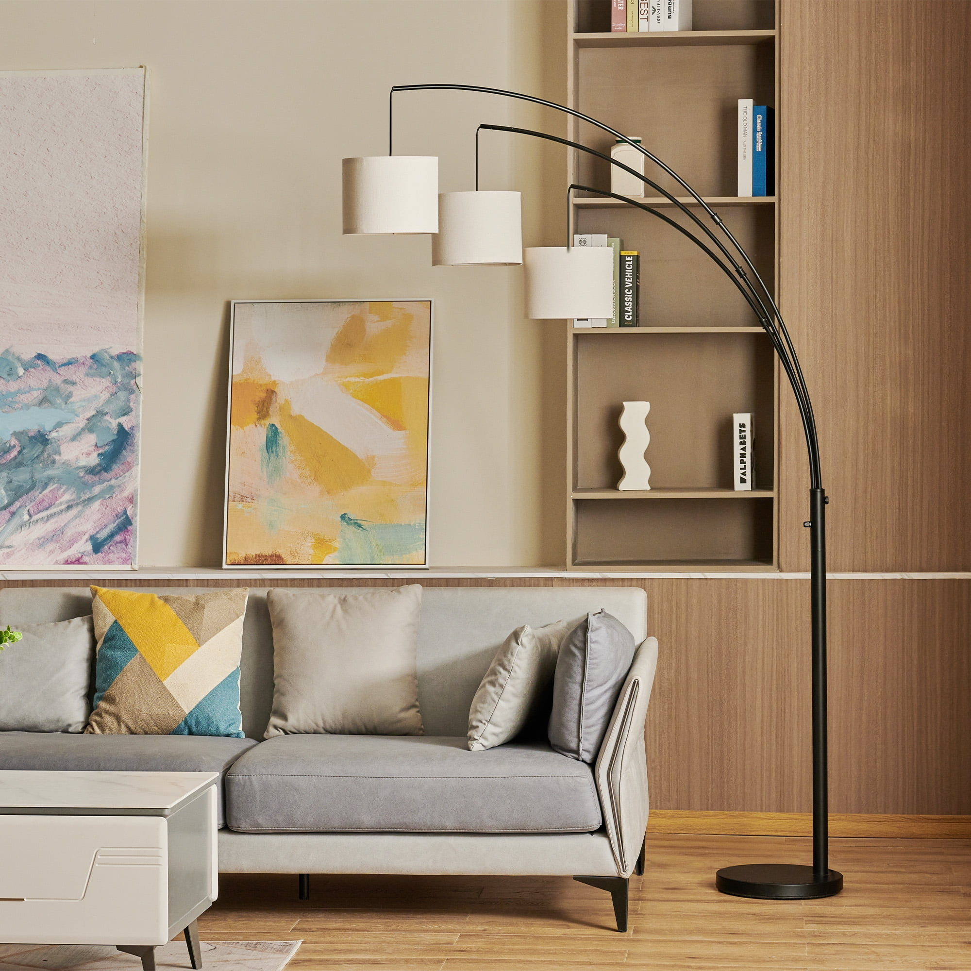 Bestco 83" Modern Arc Floor Lamp with Hanging Drum Shades 3 Light Tree Standing Light