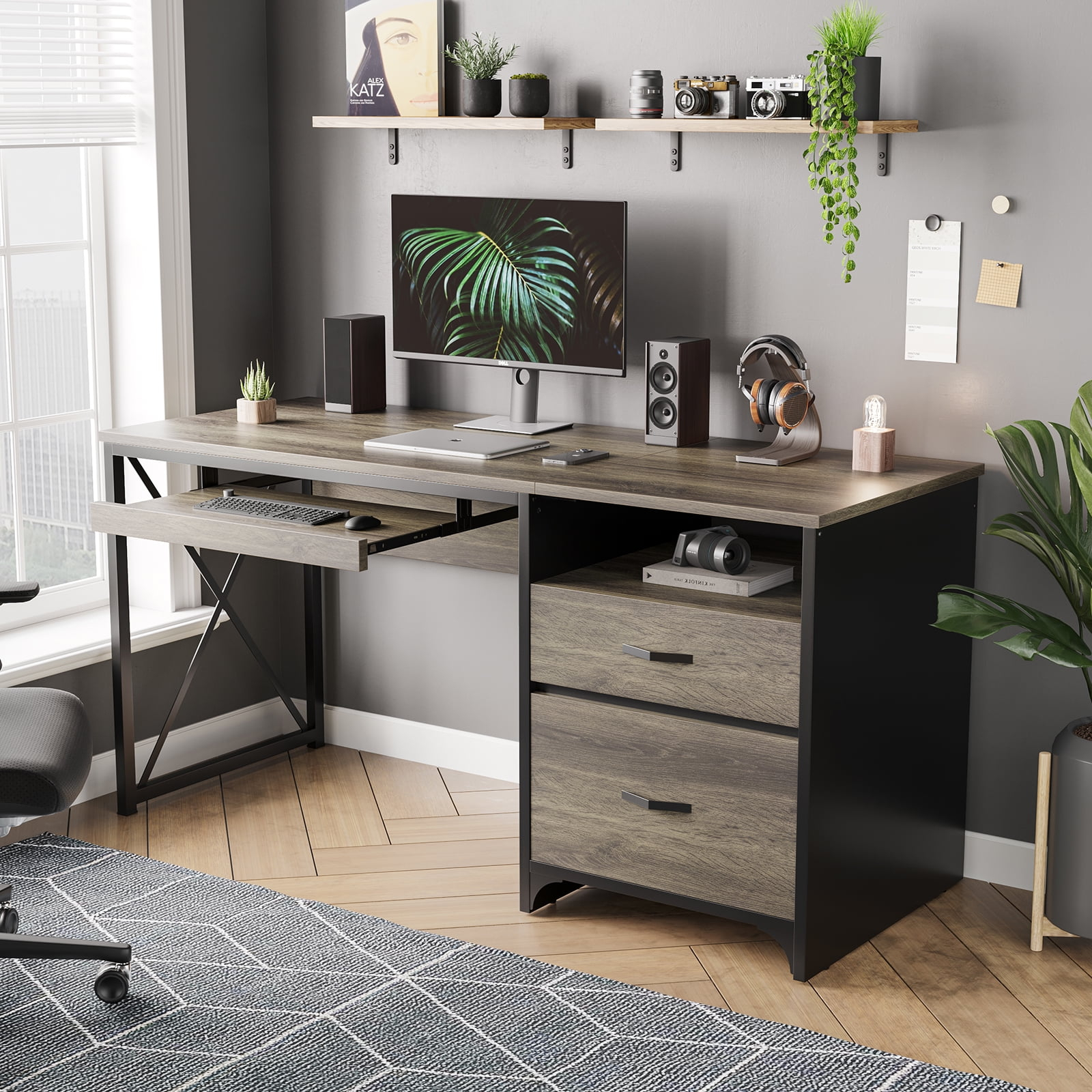 Bestier 55 inch Computer Desk with Drawers & Keyboard Tray & File Cabinet Home Office Desk in Grey