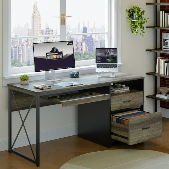 Bestier 55 inch Computer Desk with Drawers & Keyboard Tray & File Cabinet Home Office Desk in Grey