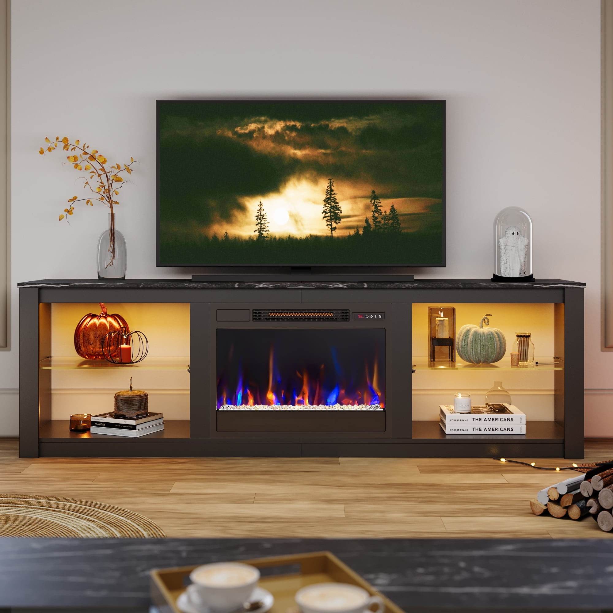 Bestier Electric Fireplace TV Stand for 75" TV Farmhouse LED Entertainment Center Console Table for Living Room in Black
