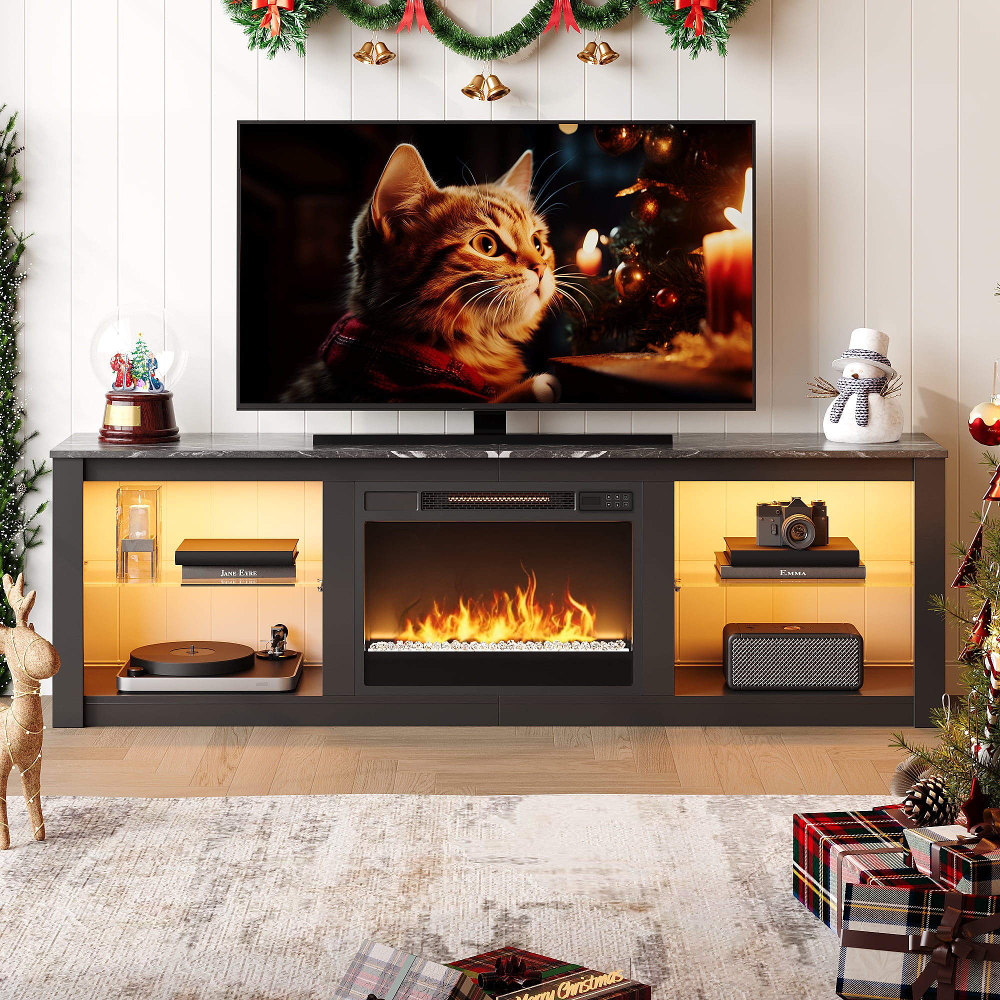 Bestier Electric Fireplace TV Stand for 75" TV Farmhouse LED Entertainment Center Console Table for Living Room in Black