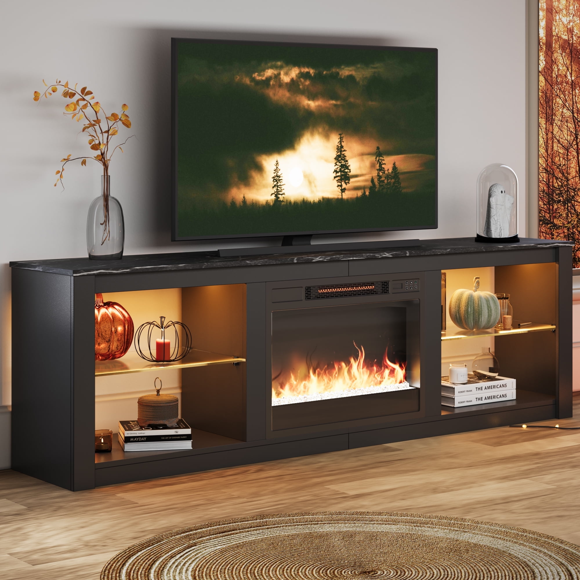 Bestier Electric Fireplace TV Stand for 75" TV Farmhouse LED Entertainment Center Console Table for Living Room in Black