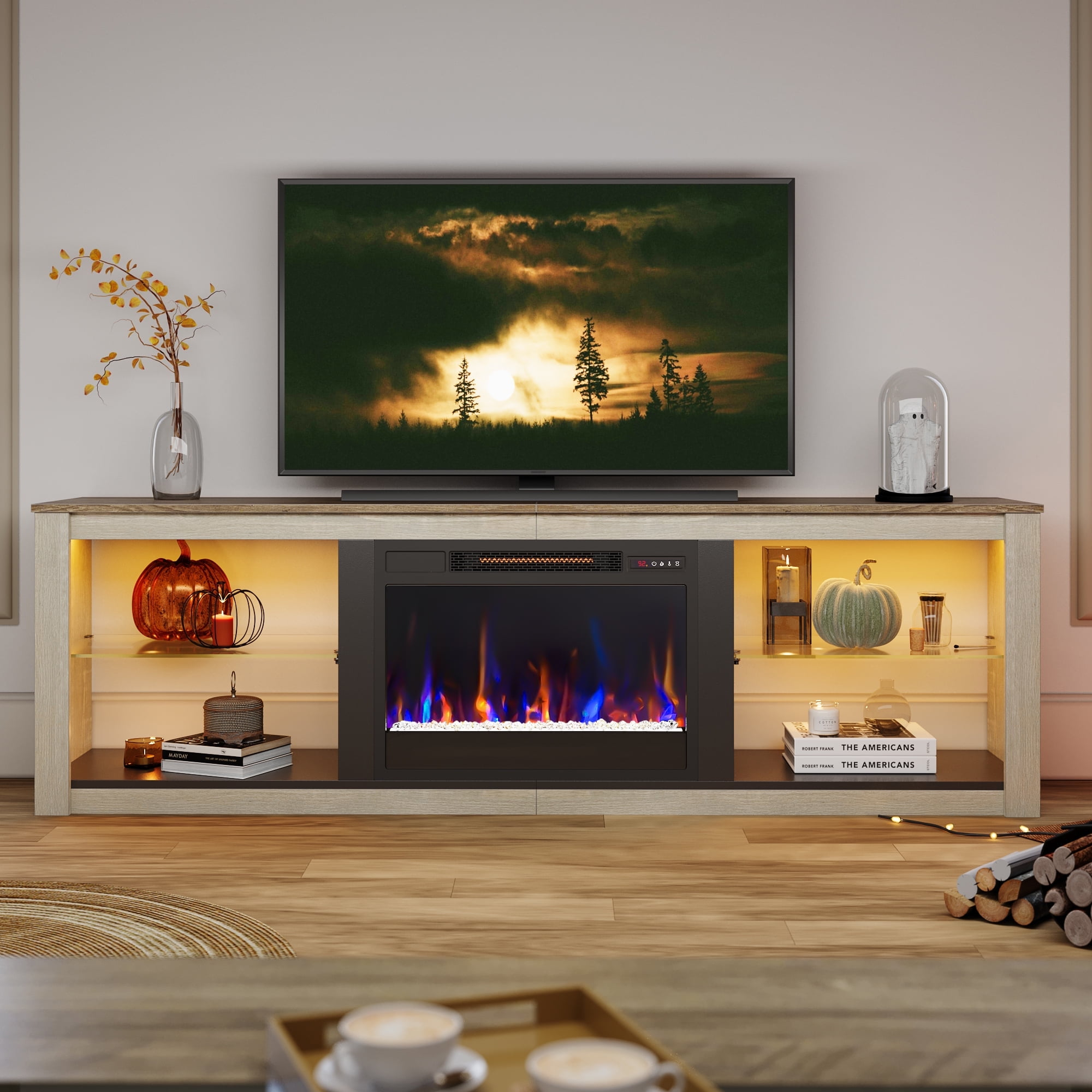 Bestier Modern Electric Fireplace TV Stand Entertainment Center for TVs up to 75" with LED Light and Storage Shelves in Wash White