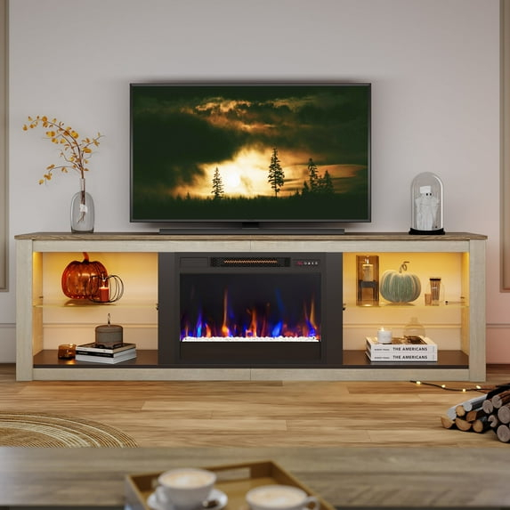 Bestier Modern Electric Fireplace TV Stand Entertainment Center for TVs up to 75" with LED Light and Storage Shelves in Wash White