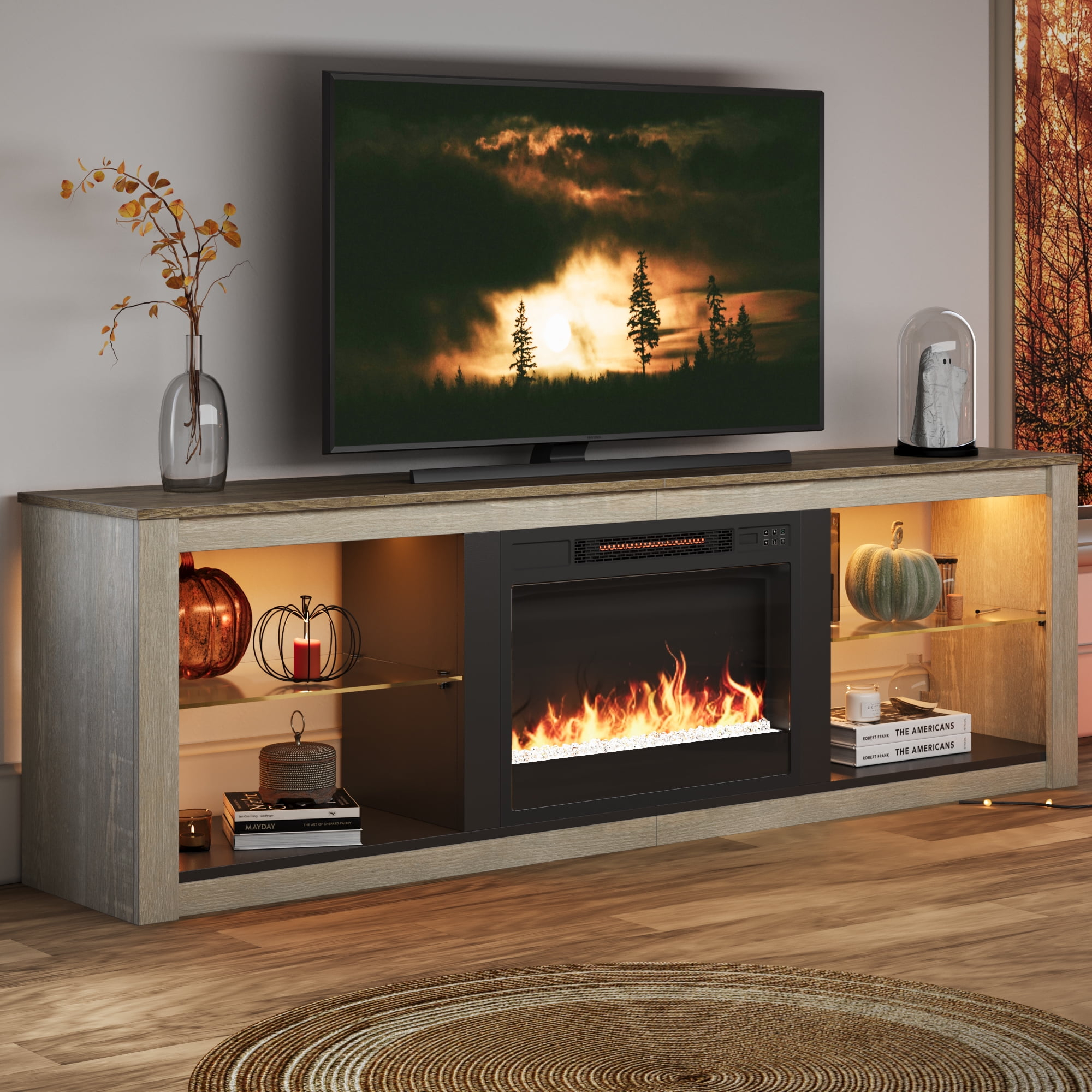 Bestier Modern Electric Fireplace TV Stand Entertainment Center for TVs up to 75" with LED Light and Storage Shelves in Wash White