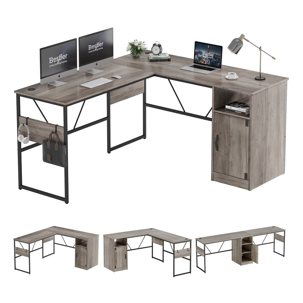 Bestier Reversible 60 inches L Shaped Computer Desk with Storage Cabinet Long Desk for 2 Person Wash Grey
