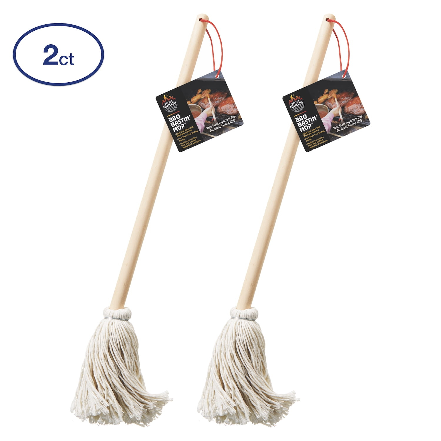 Better Grillin BBQ Basting Mop Brush, Applies Marinades & Sauces, Washable, 16" Handle, 2 Pack