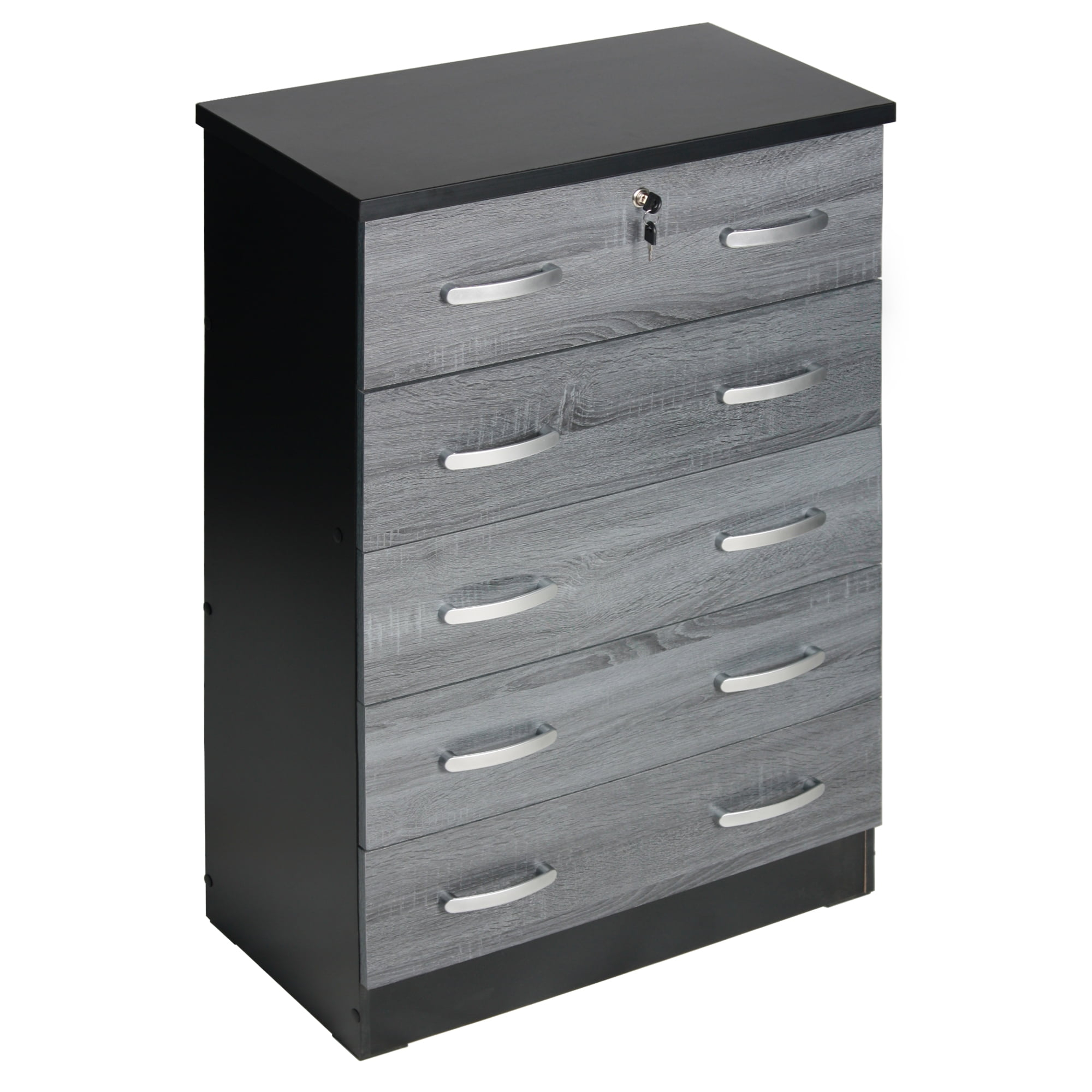 Cindy 5 Drawer Chest Wooden Dresser with Lock, Ebony Black