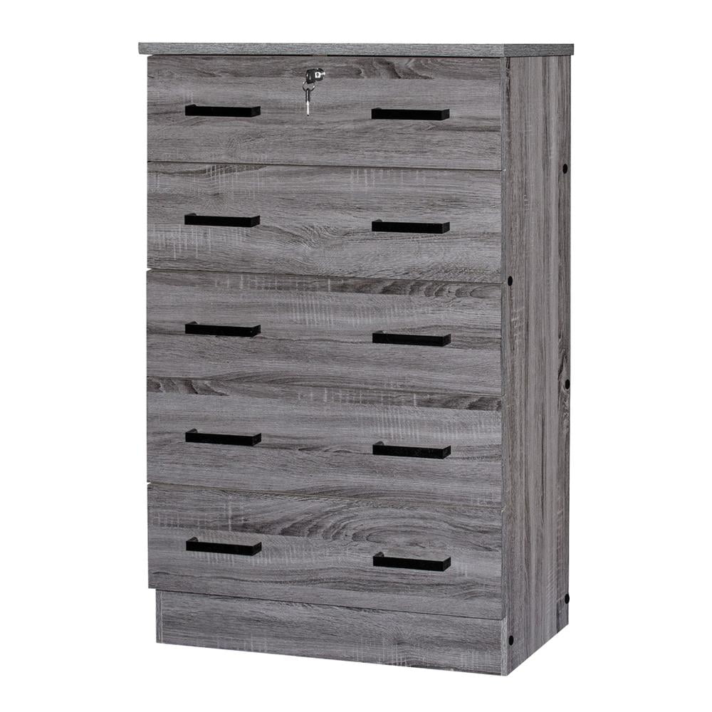 Better Home Products Cindy 5 Drawer Chest Wooden Dresser with Lock in Gray