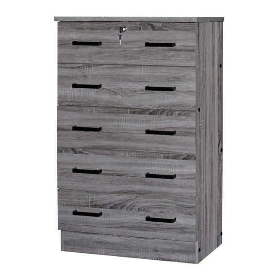 Better Home Products Cindy 5 Drawer Chest Wooden Dresser with Lock in Gray