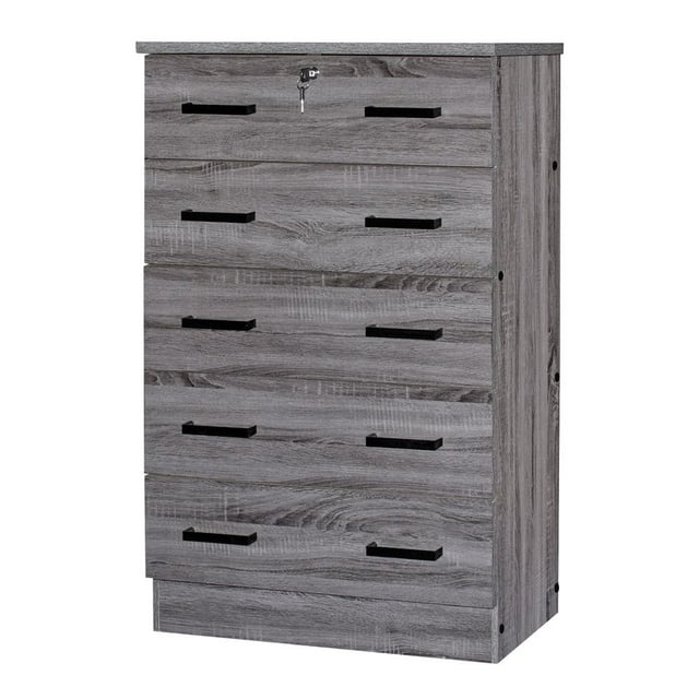Better Home Products Cindy 5 Drawer Chest Wooden Dresser with Lock in Gray