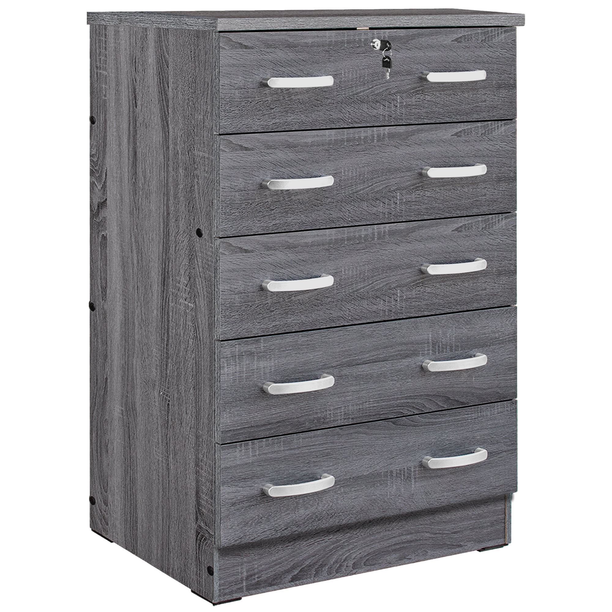 Better Home Products Cindy 5 Drawer Chest Wooden Dresser with Lock in Gray