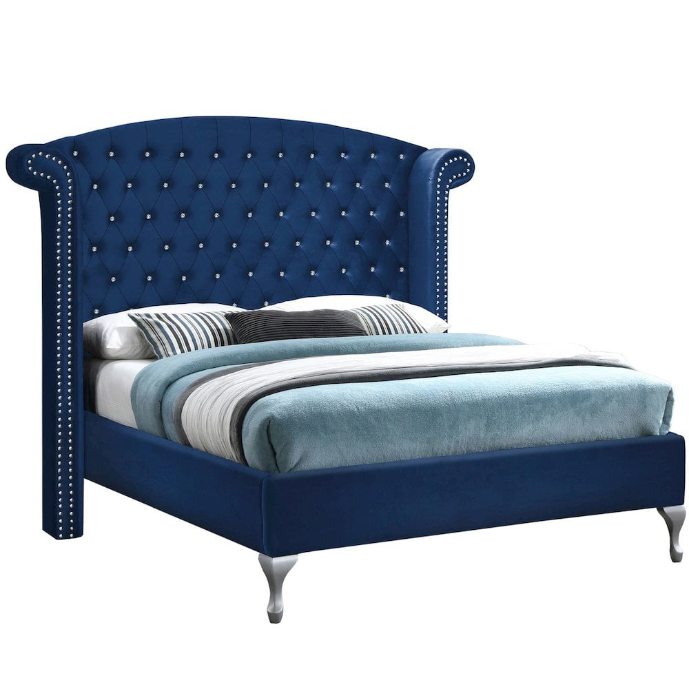 Better Home Products Cleopatra Crystal Tufted Velvet Platform Bed in Blue
