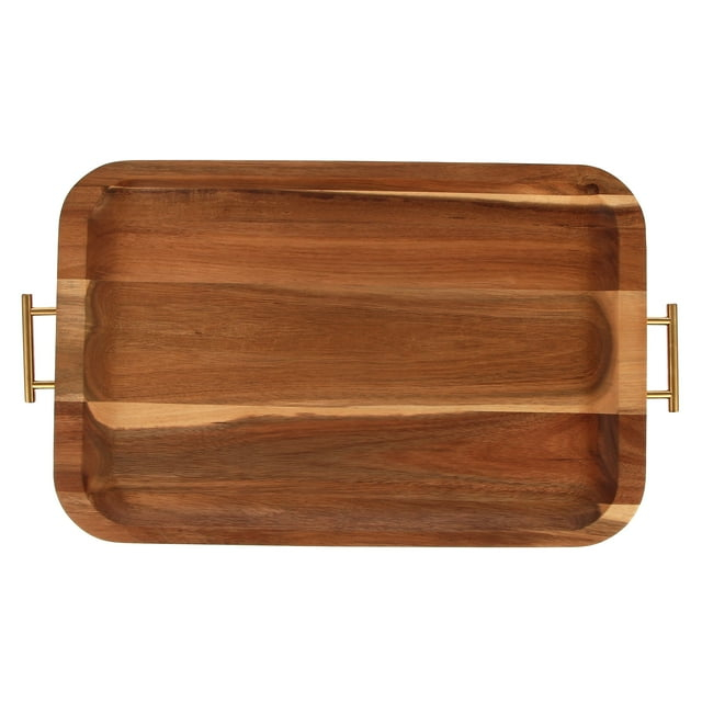 Better Homes & Gardens- Acacia Wood Rectangle Serving Tray with Gold Handles