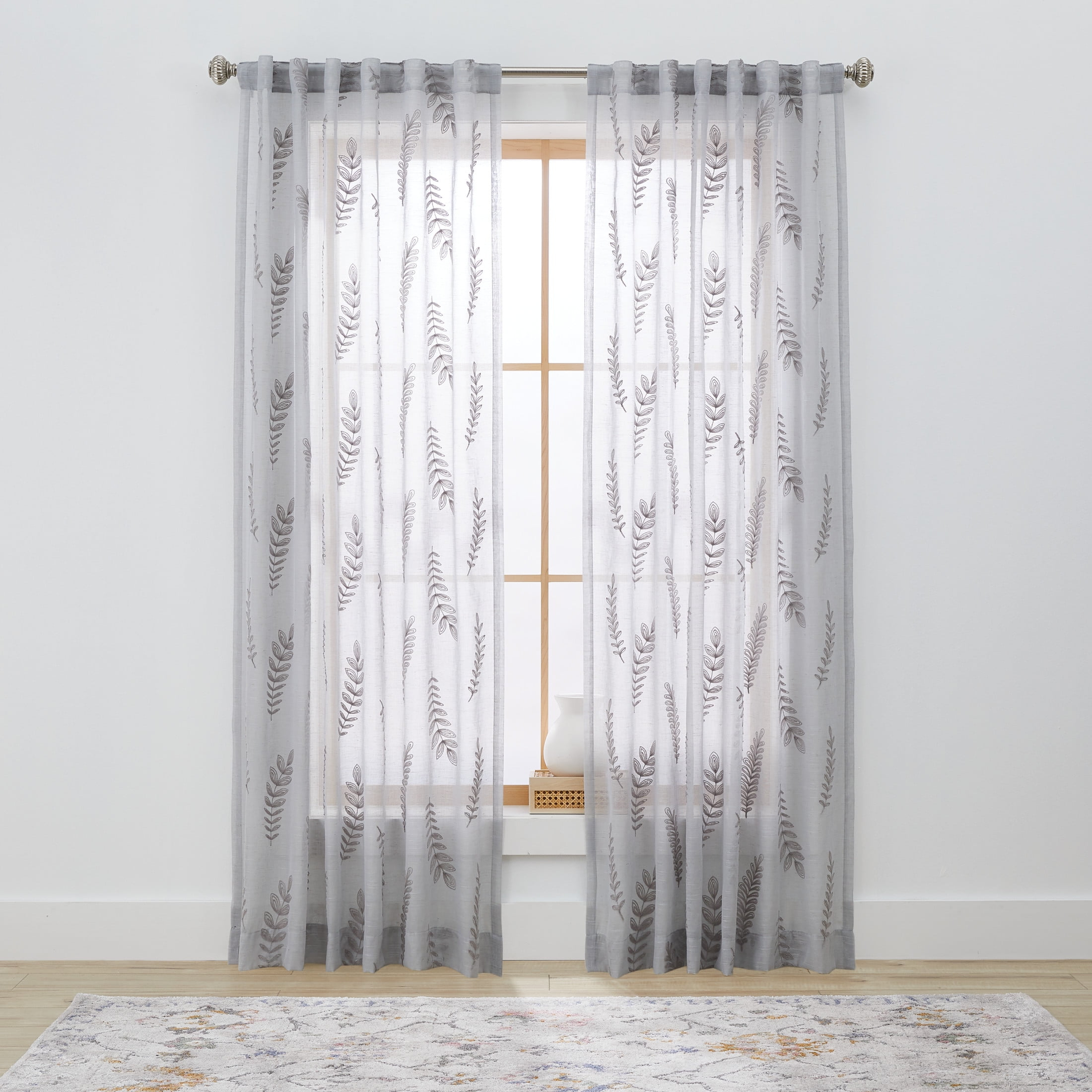 Better Homes & Gardens Embroidered Botanical Sheer Curtain, Single Panel, Soft Silver, 50" W x 84" L