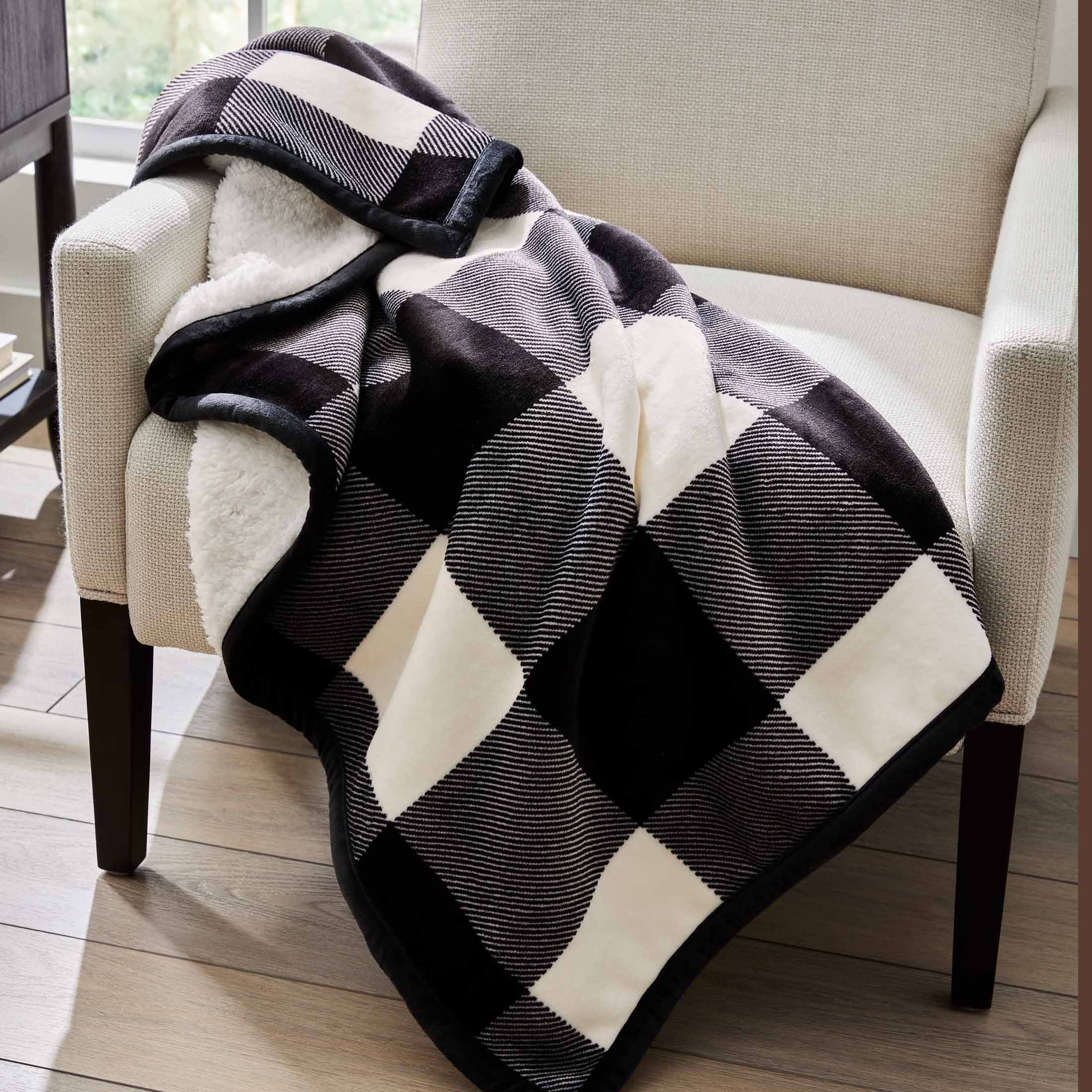 Better Homes & Gardens  Printed Reverse Faux  Shearling Adult Throw, 50” x 60”,  Black Buffalo Plaid
