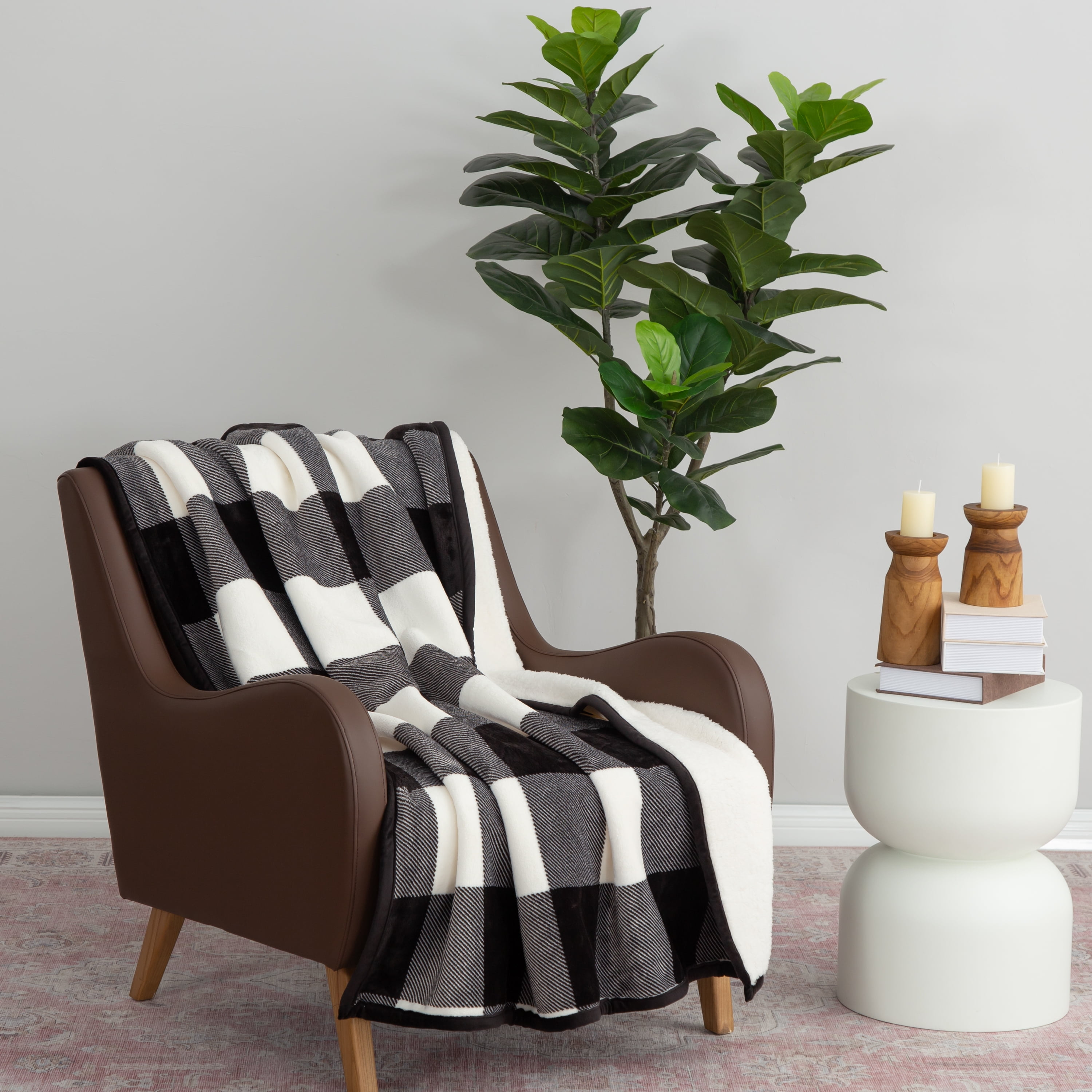 Better Homes & Gardens  Printed Reverse Faux  Shearling Adult Throw, 50” x 60”,  Black Buffalo Plaid