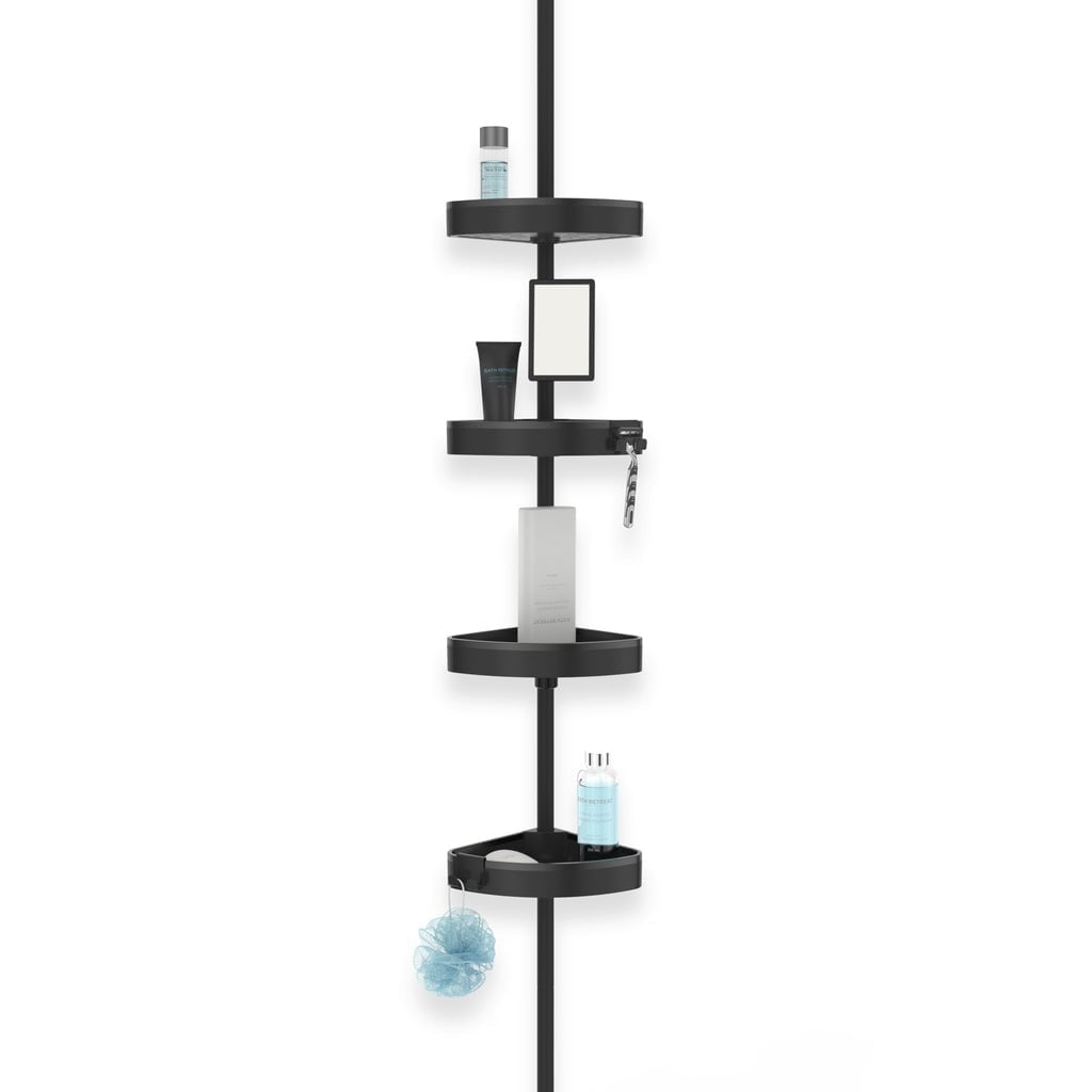 Better Living Products HiRISE 4 Tension Shower Caddy with Mirror Black