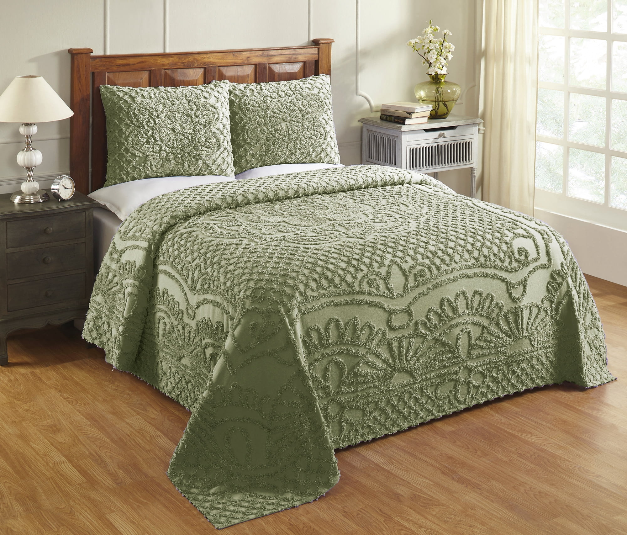 Better Trends 3 Piece Bedspread Set 100% Chenille Queen Bedding Set Soft and Breathable Machine Washable (Sage) Trevor Collection