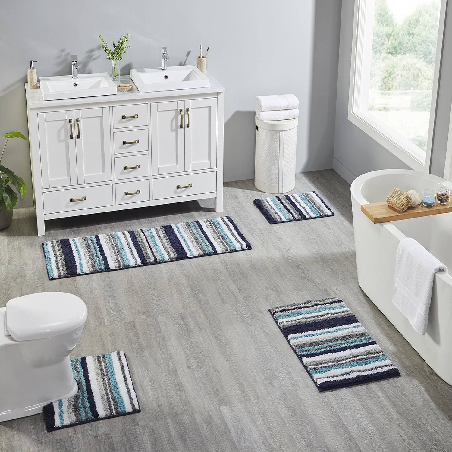 Better Trends Griffie 100% Polyester 4 Piece Set Bath Mat Rug Set - Blue & Gray