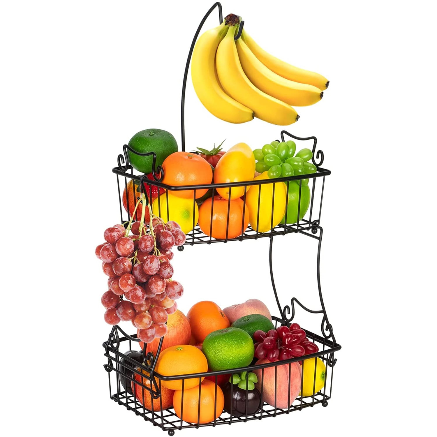 Bextsrack Fruit Basket for Kitchen Countertop, 2-Tier Vegetable Fruit Bowl with Banana Hanger, Black